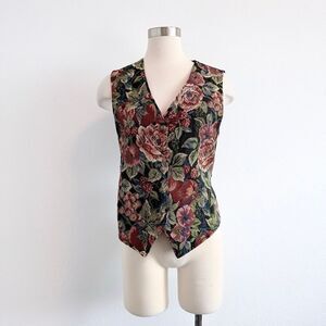 Bobbie Brooks Black Fruit Floral Tapestry Satin Vest Small Rose